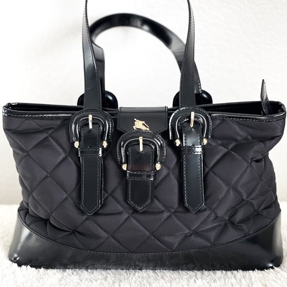 Burberry Quilted Tote Satchel Bag - Black Nylon and Patent Leather